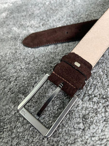 Reese Slim Fit Steel Buckled Suede Brown Leather Belts