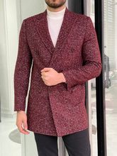 Load image into Gallery viewer, Brett Slim Fit Patterned Double Breasted Claret Red Woolen Coat
