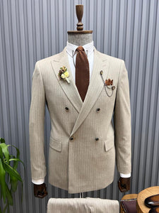 Noah Slim Fit Double Breasted Striped Beige Suit