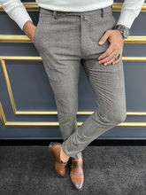 Load image into Gallery viewer, Evan Slim Fit Grey Camel Plaid Striped Pants
