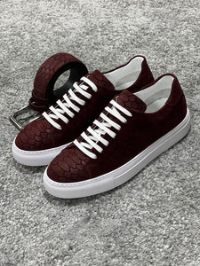 Louis Special Edition Rubber Sole Suede Print Leather Burgundy Sneakers