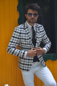 Perry Slim Fit Plaid Grey & White Suit
