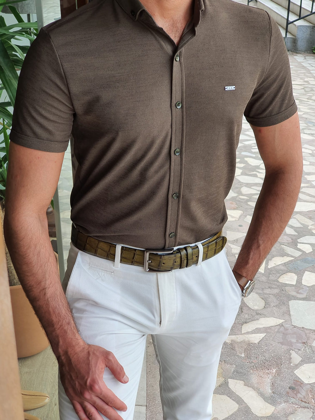 Jake Slim Fit Patterned Khaki Short Sleeve Shirt