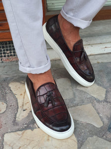 Chase Sardinelli Eva Sole Croc Tasseled Brown Leather Shoes