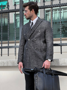 Efe SLim Fit Double Breasted Woolen Marbled Black Coat