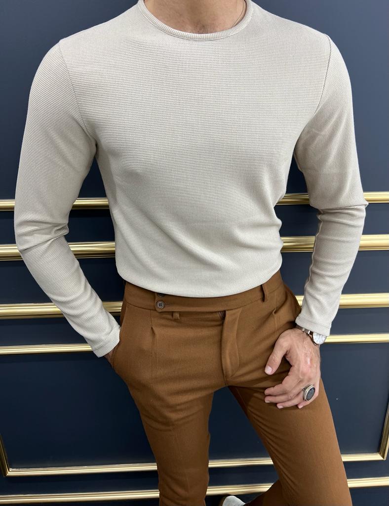 Evan Slim Fit Knitted Beige Turtleneck Sweater