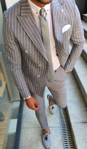 Verno Slim Fit Striped Double Breasted Grey & White Suit