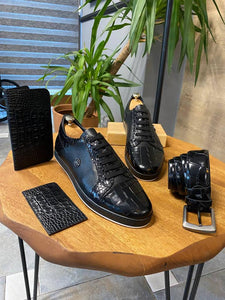 Grant Special Designed Croc Black Leather Shoes