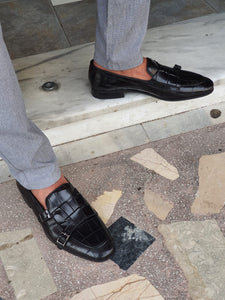 Harold Sardinelli Double Buckled Croc Detailed Black Shoes