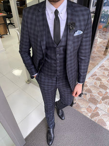 Carson Slim Fit Plaid Black Vested Suit