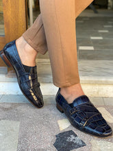 Load image into Gallery viewer, Grant Double Buckled Croc Dark Blue Leather  Loafer
