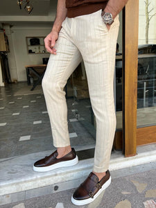 Lars Slim Fit Camel Striped Trousers