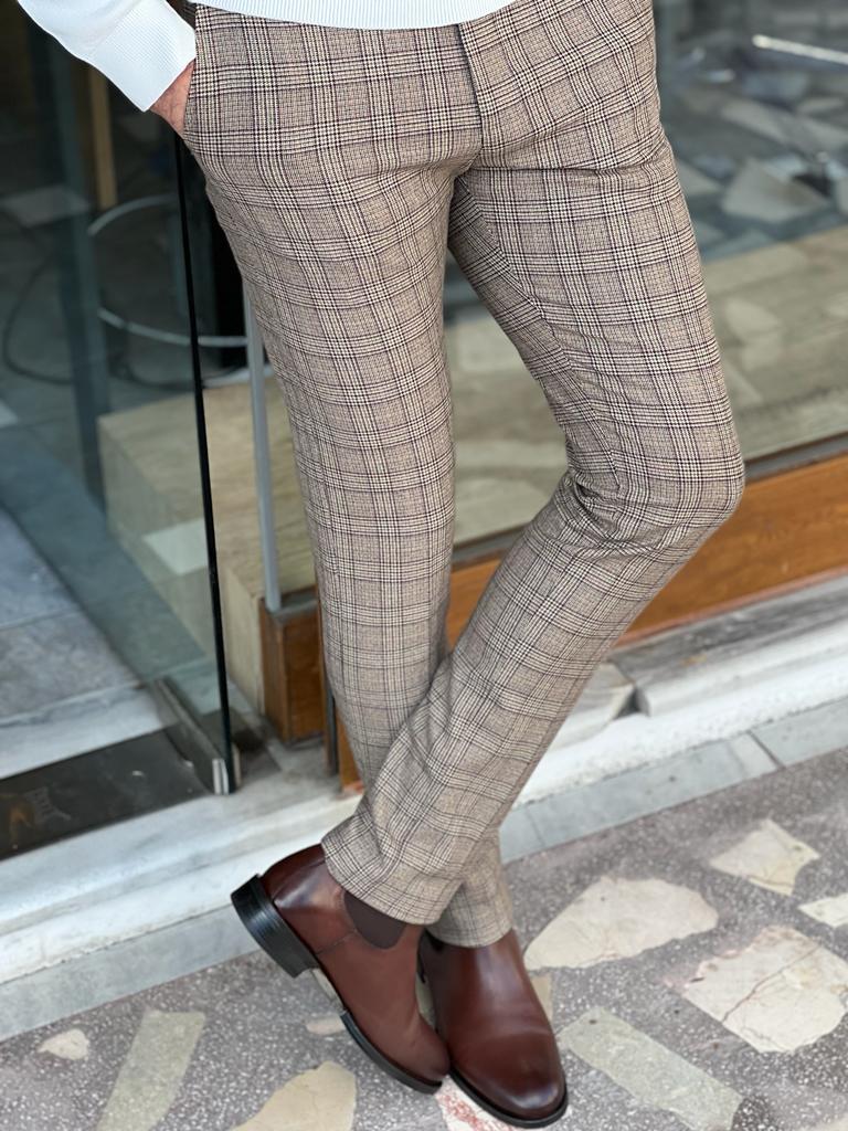 Nate Slim Fit Plaid Beige Striped Pants