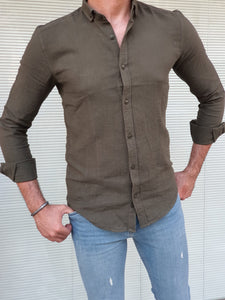 Lucas Slim Fit Patterned Khaki Linen Shirt