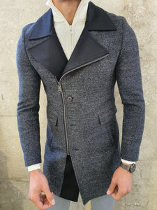 Lance Anthracite Slim Fit Zippered Woolen Coat