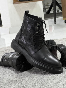 Louis Special Edition Zippered Croc Theme Leather Black Boots