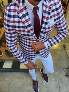 Perry Slim Fit Plaid White & Red Suit