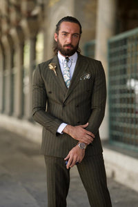 Evan Slim Fit Double Breasted Khaki Striped Suit