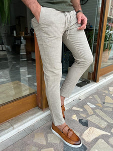 Morrison Slim Fit Striped Beige Linen Pants