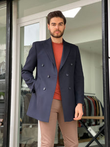 Csarson Slim Fit Double Breasted Navy Blue Winter Coat