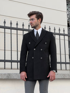 Efe SLim Fit Double Breasted Woolen Black Coat