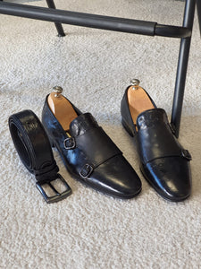 Everson Sardinelli Double Buckled Drop Leather Black Shoes