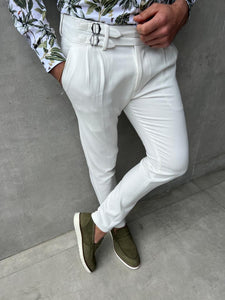 Cooper Slim Fit Pleated Waist Buckle Detailed White Pants