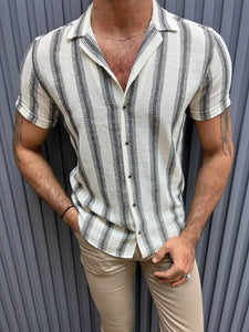 Noah Slim Fit Beige Striped Cotton Shirt