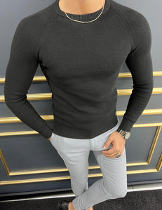 Evan Slim Fit Black Round Neck Sweater