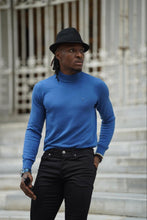 Load image into Gallery viewer, Thread Slim Fit Custom Design Half Collared Blue Turtleneck
