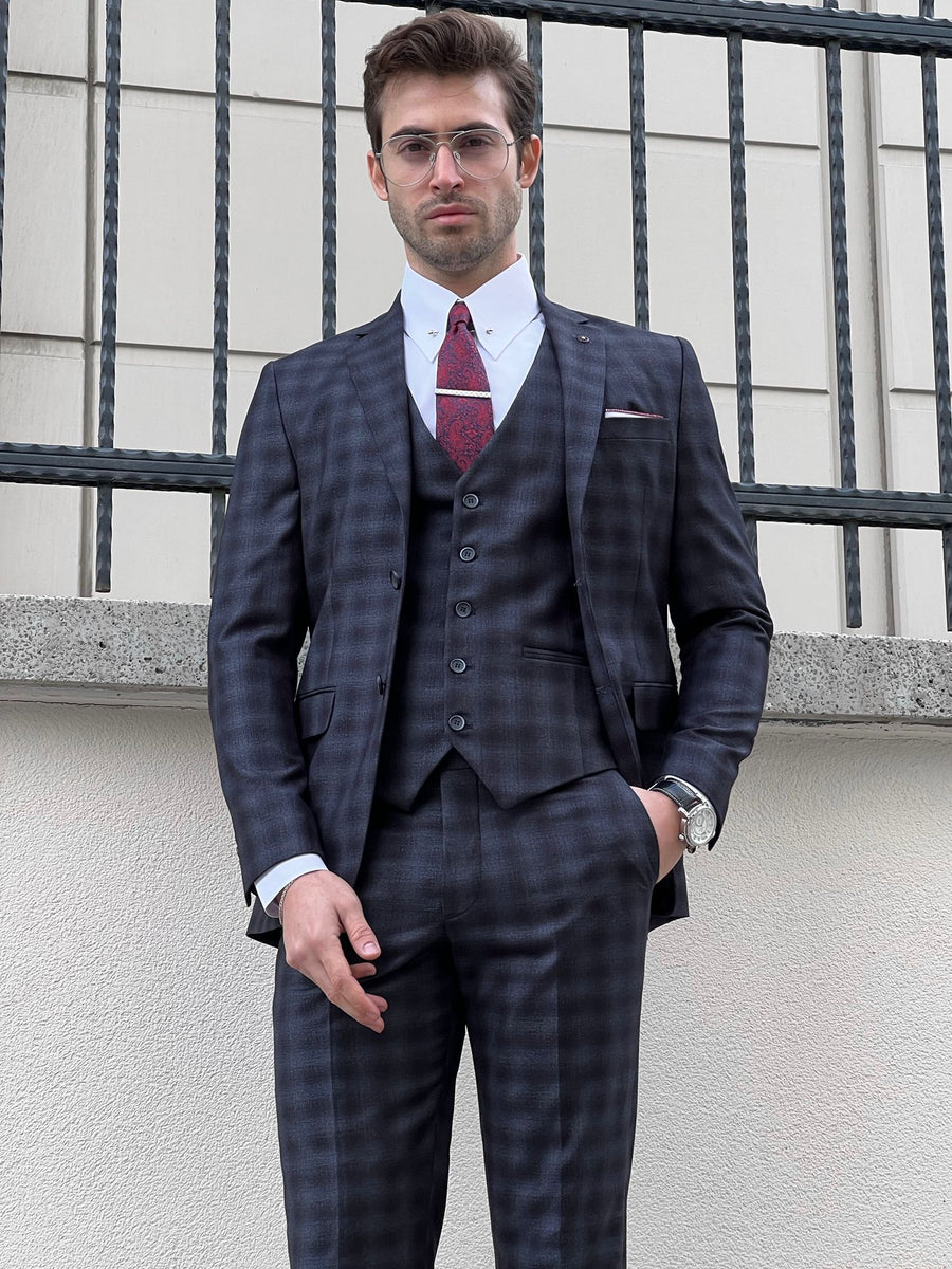 Louis Slim Fit Black & Navy Business Plaid Suit – MCR TAILOR