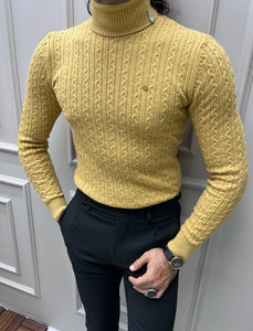 Evan Slim Fit Yellow Knitted Turtleneck Sweater