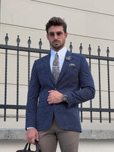 Load image into Gallery viewer, Efe Slim Fit High Quality Mono Collar Knitted Indigo Blazer
