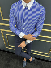 Load image into Gallery viewer, Luke Slim Fit Italian Collar Striped Blue Shirt
