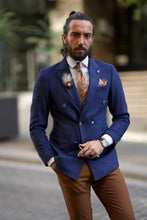 Load image into Gallery viewer, Evan Slim Fit Double Breasted Nubuck Blue Blazer
