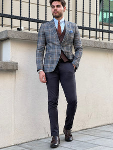 Ben Slim Fit High Quality Plaid Woolen Grey Blazer