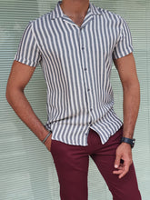 Load image into Gallery viewer, Chase Slim Fit Striped Short Sleeve Ecru &amp; Navy Shirt
