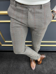 Evan Slim Fit Grey Camel Plaid Striped Pants
