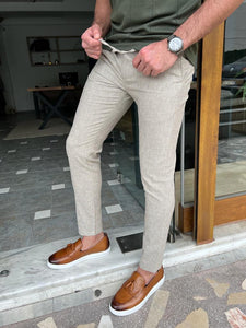 Morrison Slim Fit Striped Beige Linen Pants