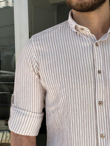Fred Slim Fit Beige Striped Cotton Shirt