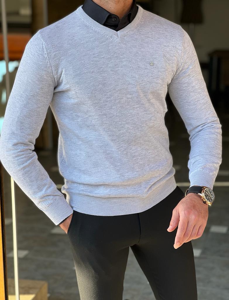 Trent Slim Fit V-Neck Grey Knitwear