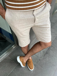 Benson Slim Fit Beige Linen Shorts