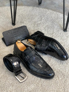 Rob Single Buckled Eva Sole Croc Black Leather Shoes