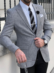 Efe Slim Fit High Quality Mono Collar Knitted Grey Blazer